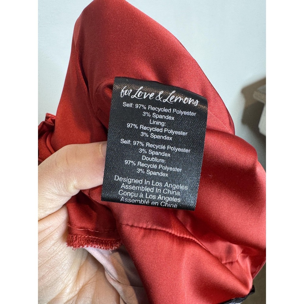 For Love &‎ Lemons Bodysuit Womens Small Red Floral Satin Ruched Puff Sleeve Top - Picture 9 of 10